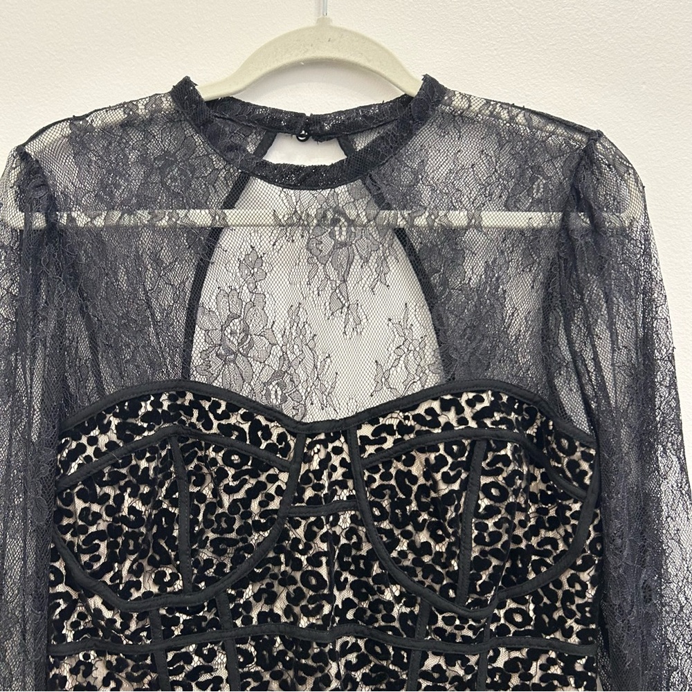 Free People Black Lace Leopard Mesh Long-Sleeve Bodysuit - Picture 3 of 16